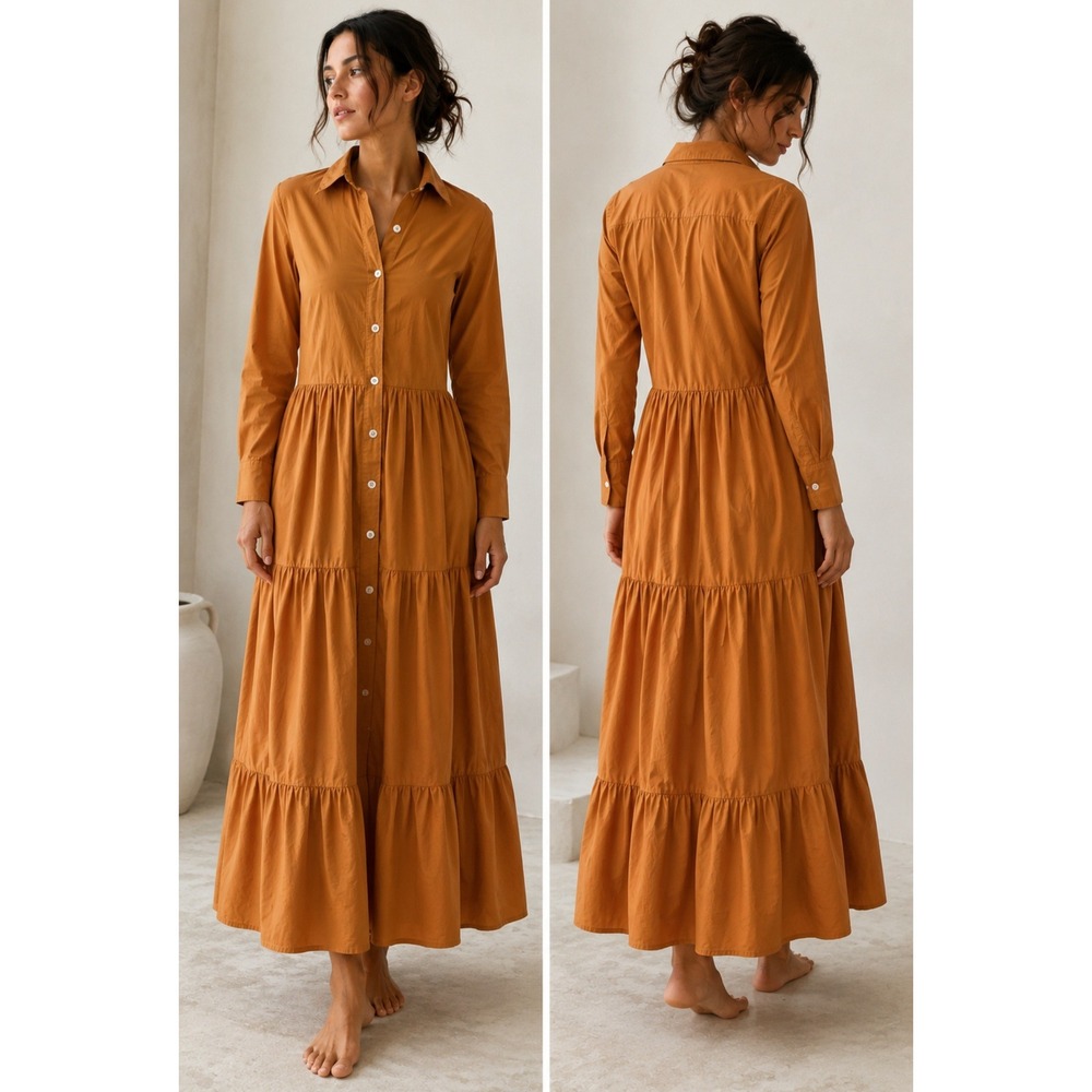 Laboratorio Capri Italy Ochre Cotton Tiered Maxi Shirt Dress Womens 38 / Small - Picture 1 of 11